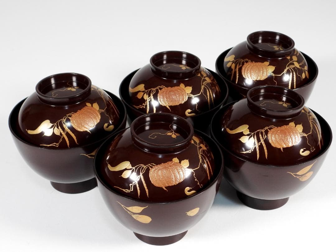 金蒔絵 木製 漆器 輪島金沢能登 汁椀蓋碗5客セット 小吸物碗