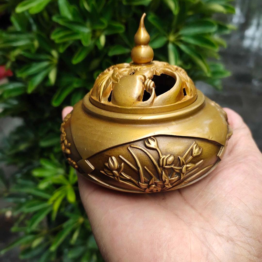 銅 細工 四季花瓢簞蓋香炉 銅製 茶道具 香道具 工芸品 美術品