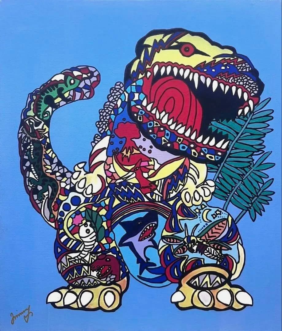 F10号】ジミー大西【ゴジラ】手描き/表裏サイン有り/油彩/アクリル/絵画/額