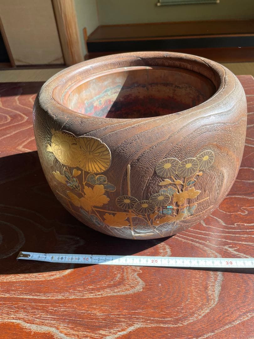 美品 時代 桐火鉢 秋草蒔絵 火鉢 螺鈿入り 茶道具 骨董品 木製火鉢 100