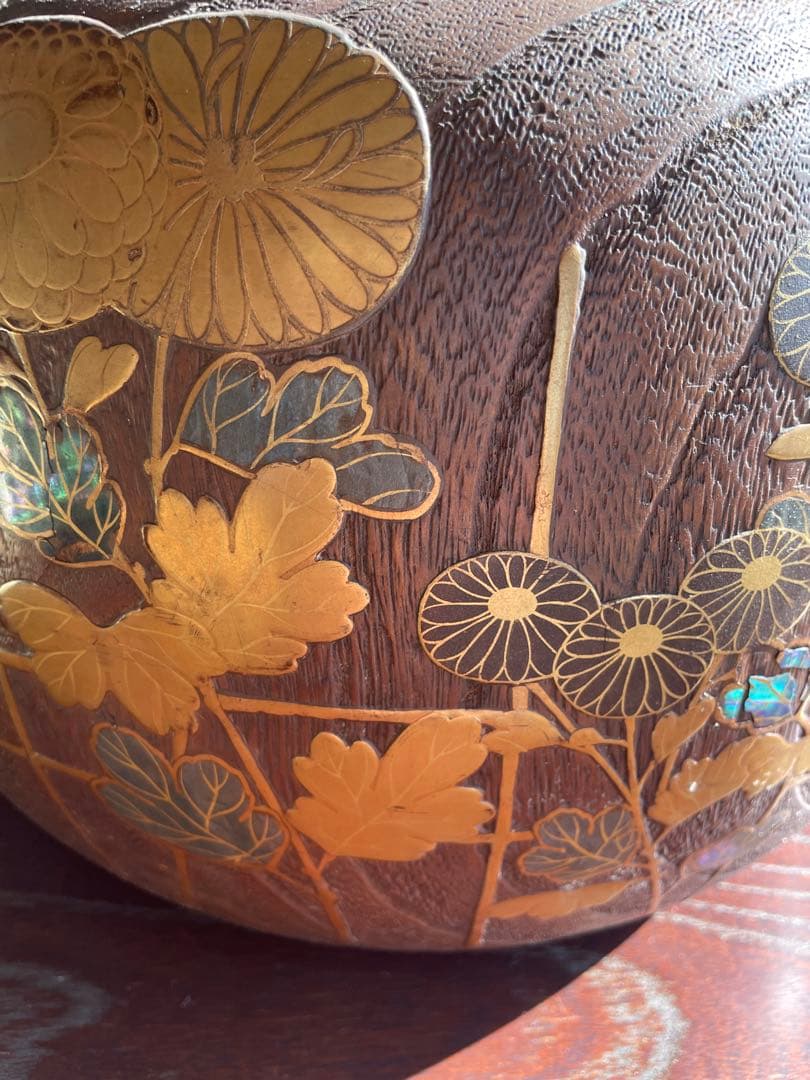 美品 時代 桐火鉢 秋草蒔絵 火鉢 螺鈿入り 茶道具 骨董品 木製火鉢 100