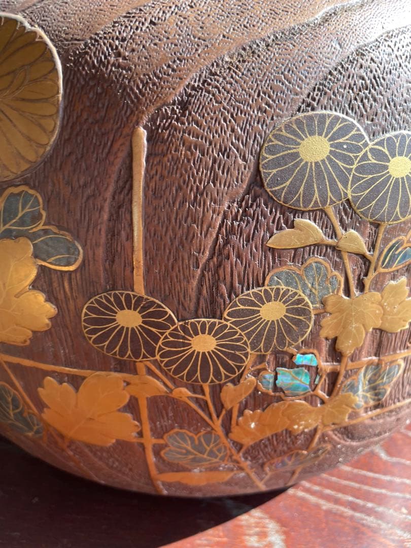 美品 時代 桐火鉢 秋草蒔絵 火鉢 螺鈿入り 茶道具 骨董品 木製火鉢 100