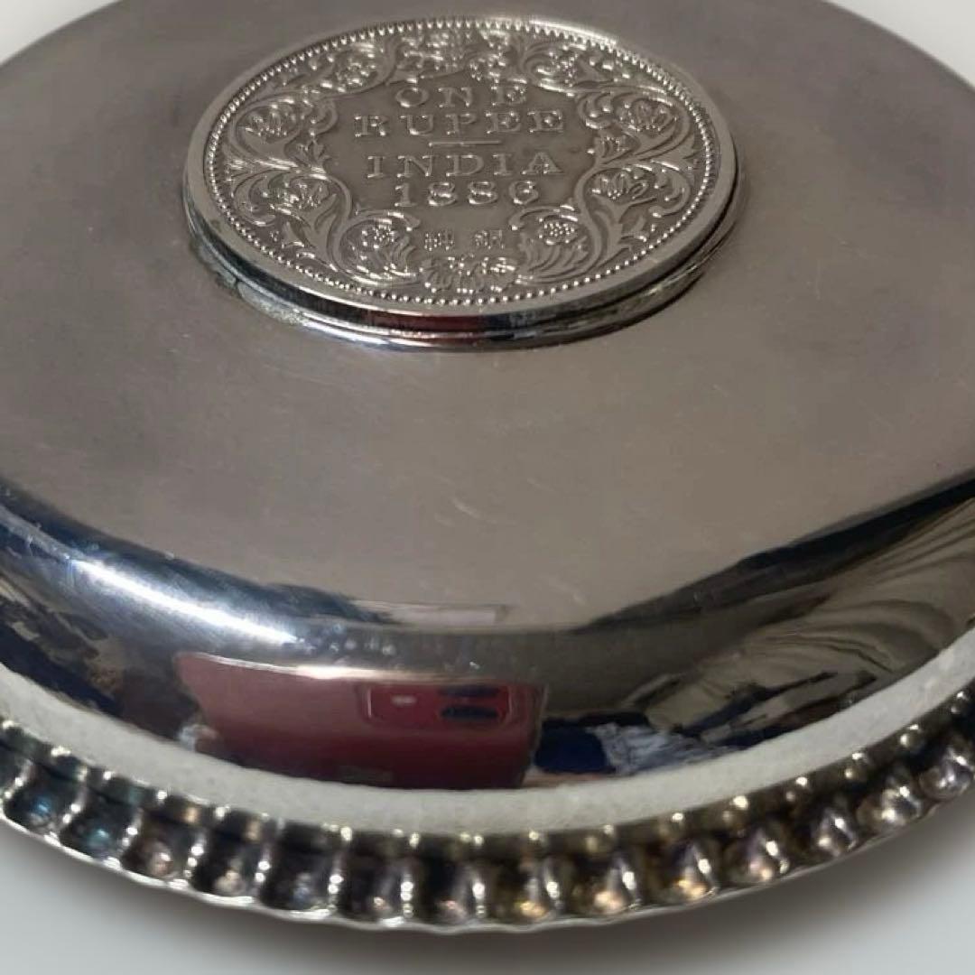 ビクトリア女王 純銀 コイン モチーフ皿、インドONE RUPEEコイン