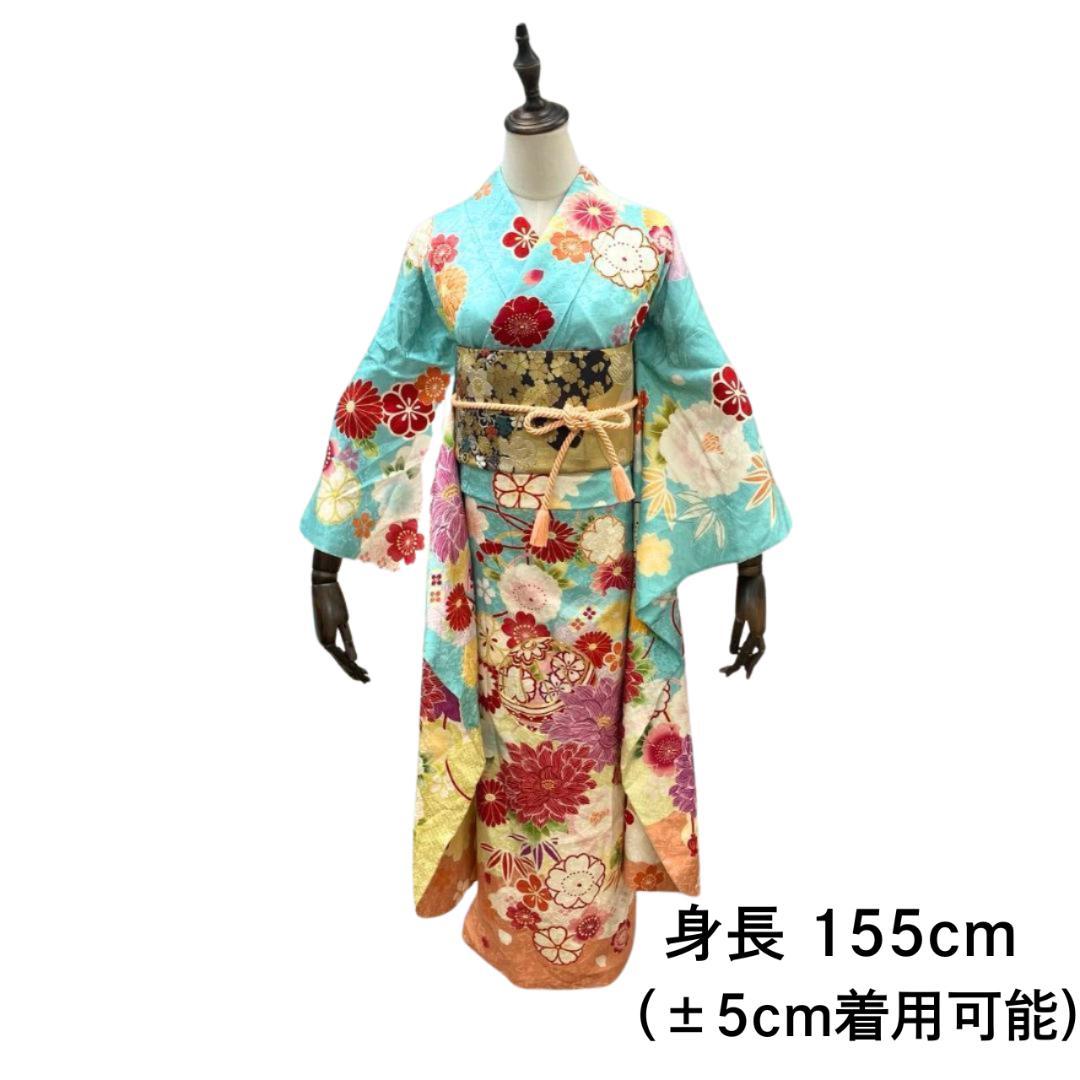早い者勝ち 美品 振袖セット 成人式 正絹 古典柄 水色 3S 150 早い