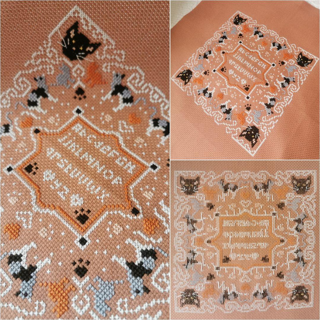 アンティークフランス 22匹の猫＆肉球色糸刺繍フレーム アルファベット