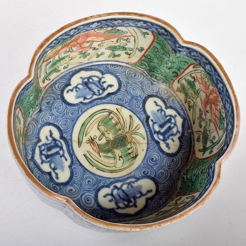 九谷焼　大聖寺伊万里　奇玉宝鼎之珍　色絵　木瓜形菓子鉢　時代箱付　V　R5037