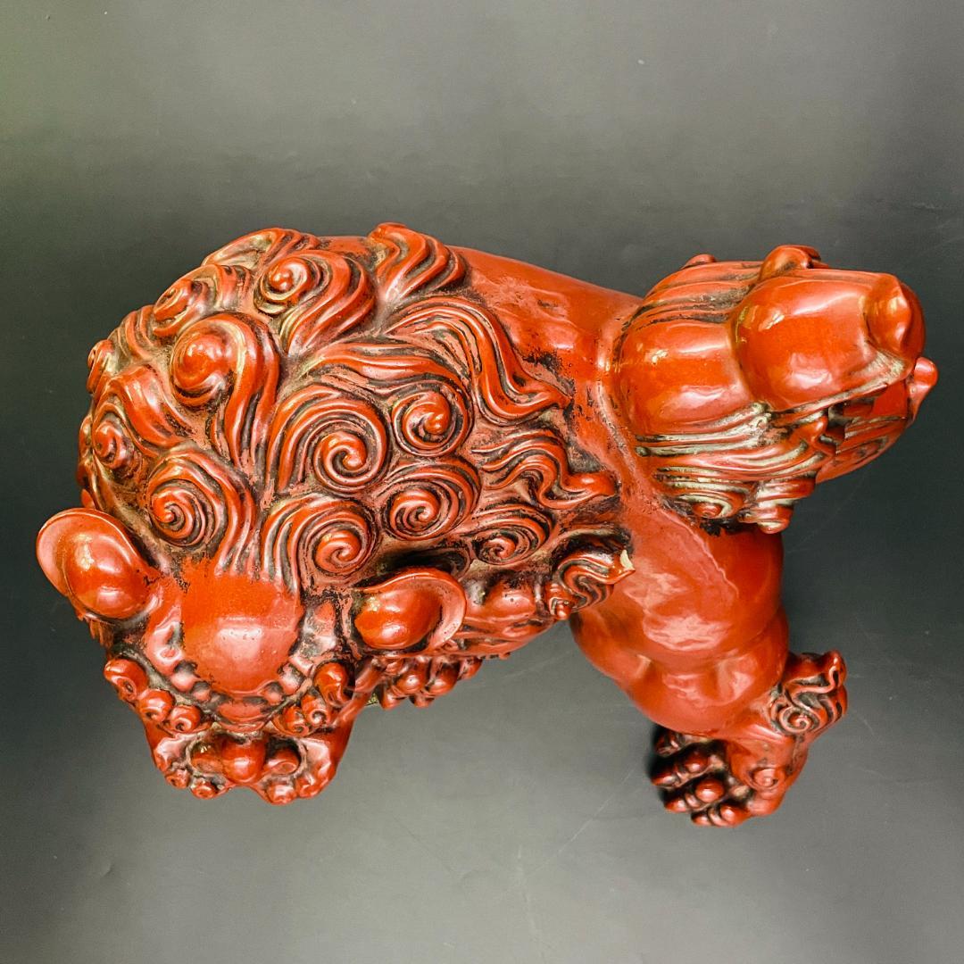 旧家蔵出し 九谷焼 玉乗り獅子 赤獅子 シーサー 狛犬 置物 魔除け 28cm