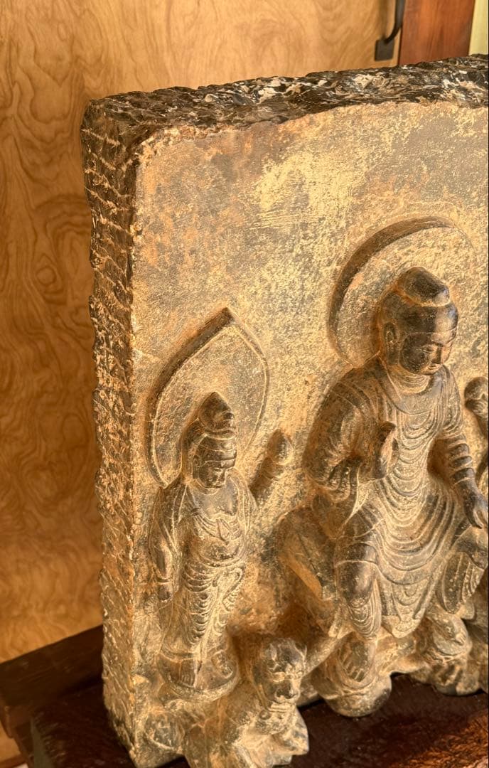 中国 石佛 三尊佛 台付 仏教美術 高さ約51cm 送料込み