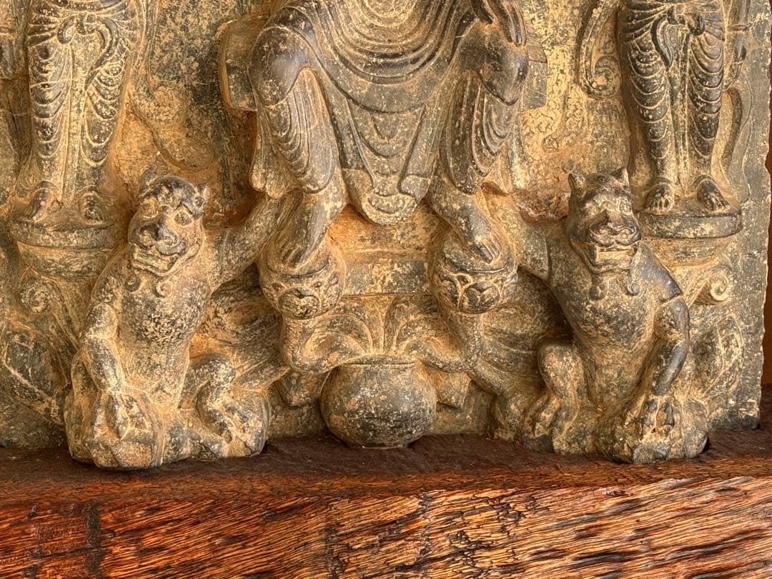 中国 石佛 三尊佛 台付 仏教美術 高さ約51cm 送料込み