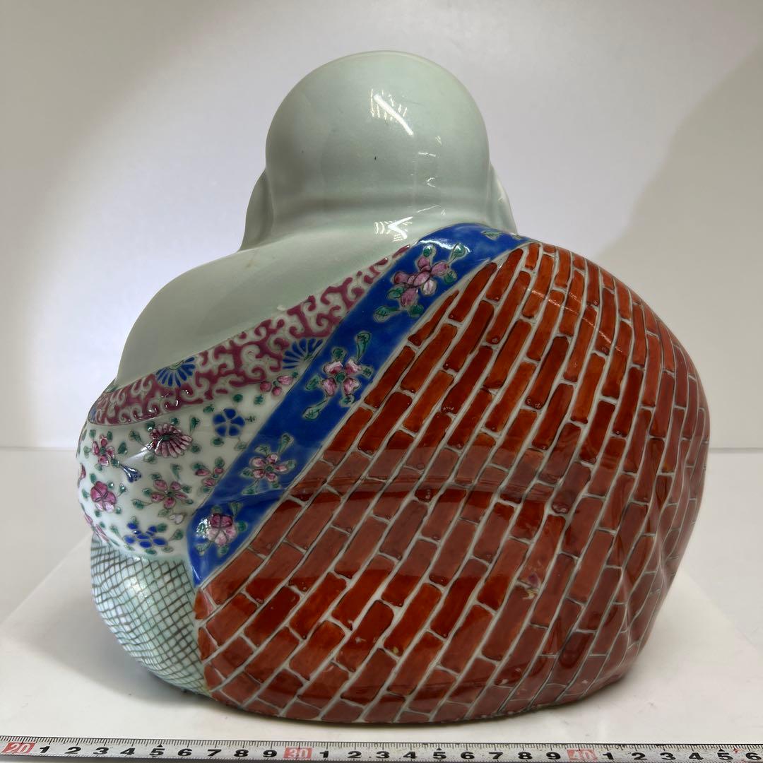 中国景徳鎮 羅漢肝嶺上 朱義順作 粉彩布袋置物 高さ