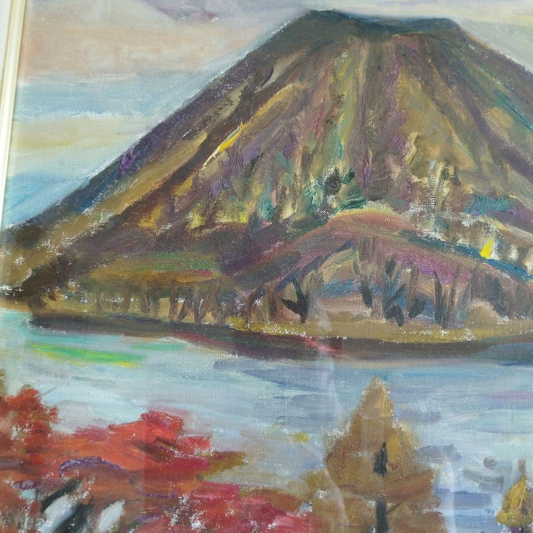 [真作]　朝比奈　文雄「榛名湖の秋」/油彩10号/日展評議員/豪華額装品