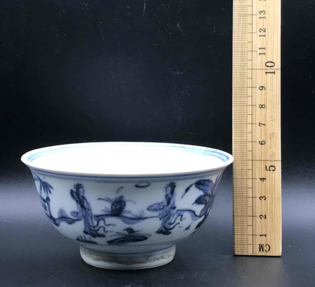 中国古美術 明天啓時代 【天啓年製】在銘 青花人物紋茶碗 古