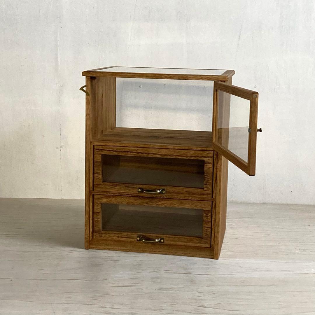 古い木製ガラスケース 引き出し付き 卓上 ショーケース 小物入れ 糸