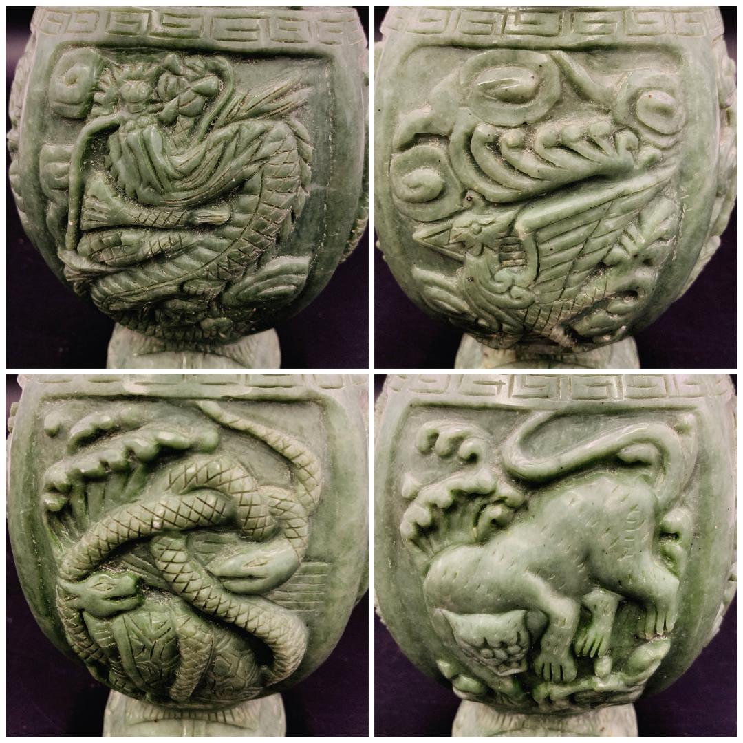 碧玉 四神文 双耳壺 玉金義作 清朝風 彫刻 花瓶 緑