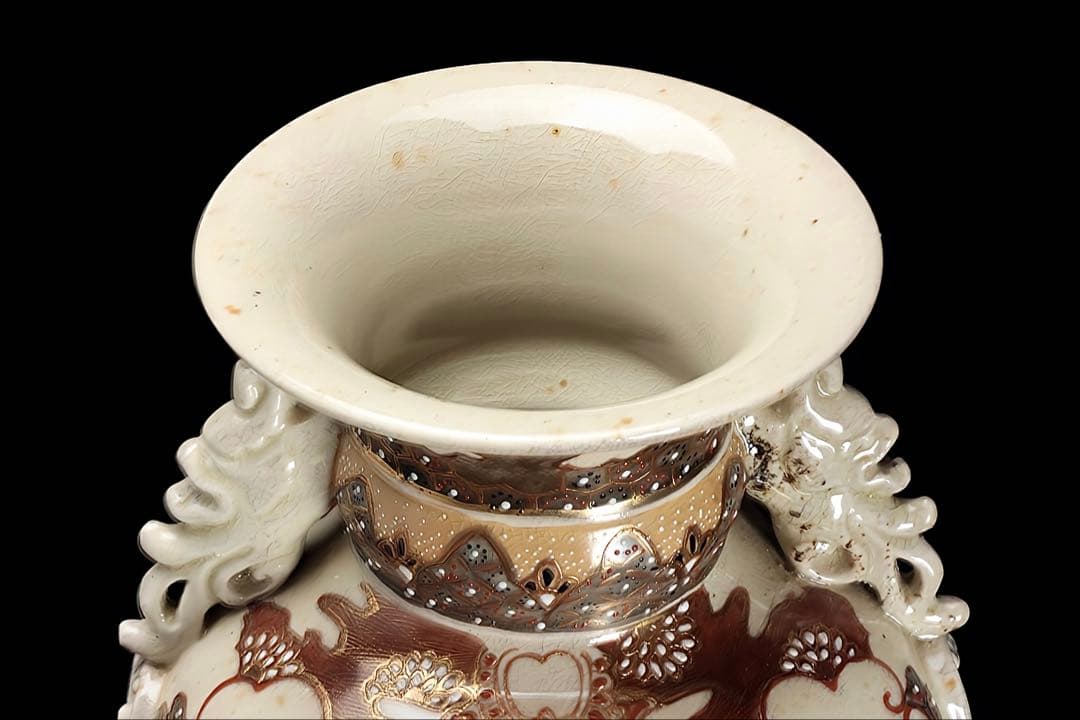 薩摩焼 金襴手色絵耳付武者図花瓶 共箱付 36.5㎝ 花器 飾壺 古美術 骨董品