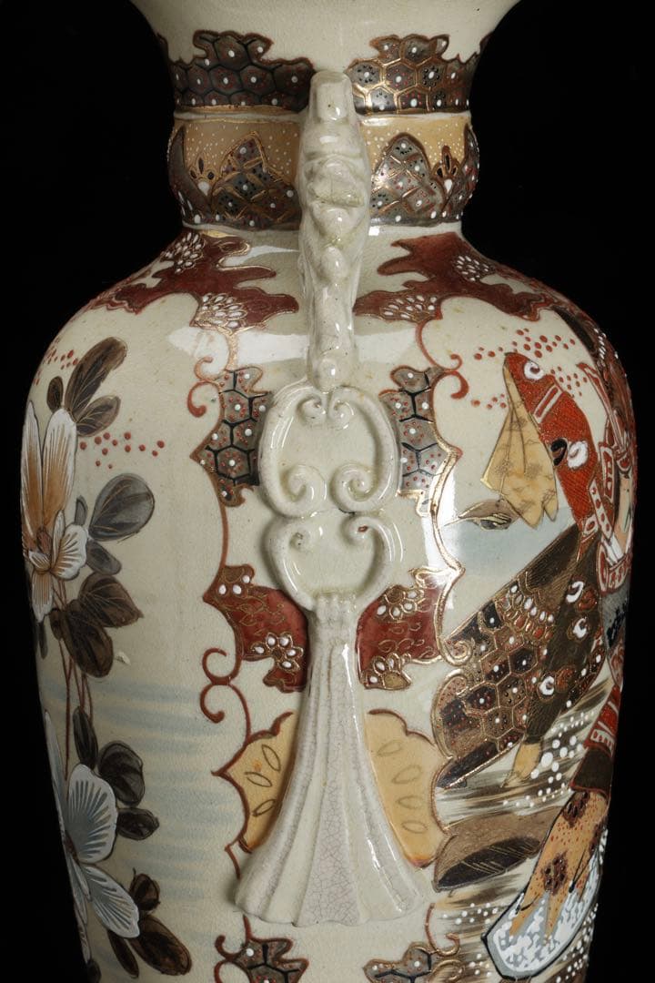 薩摩焼 金襴手色絵耳付武者図花瓶 共箱付 36.5㎝ 花器 飾壺 古美術 骨董品