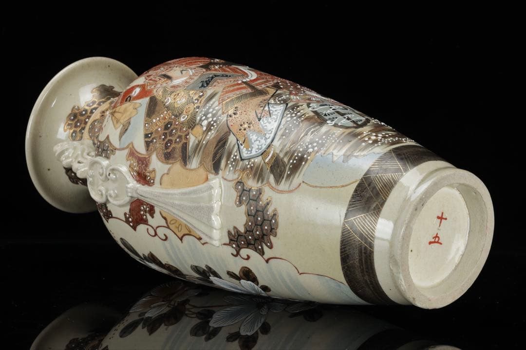 薩摩焼 金襴手色絵耳付武者図花瓶 共箱付 36.5㎝ 花器 飾壺 古美術 骨董品