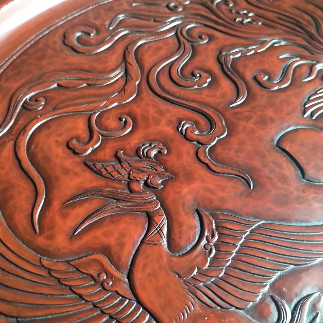 鎌倉彫 48㎝ 超大型 15寸 博古堂 鳳凰・古鏡モチーフ 丸盆・丸皿 博古