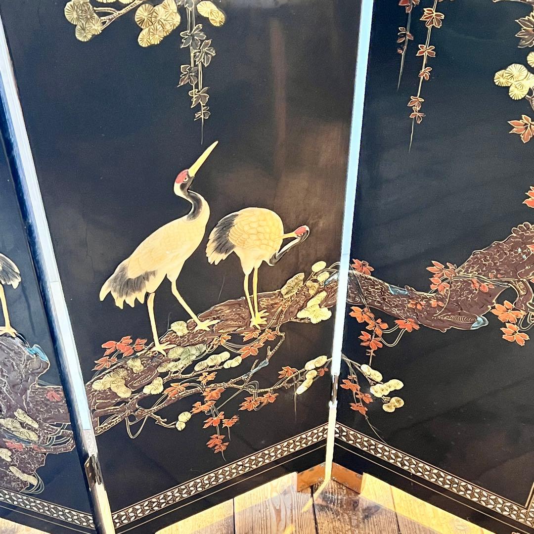 一点 中国美術 螺鈿細工 鶴 年代物 パーテーション 飛天 漆器 天水