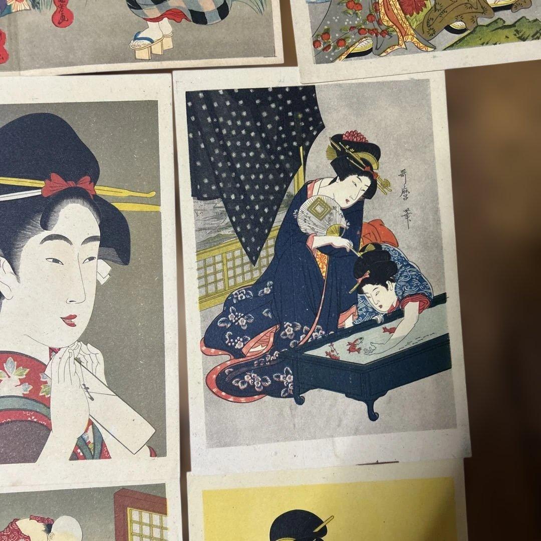 コレクター保管品　喜多川歌麿　鮑取り、二遊女図　金魚　美人画など八点