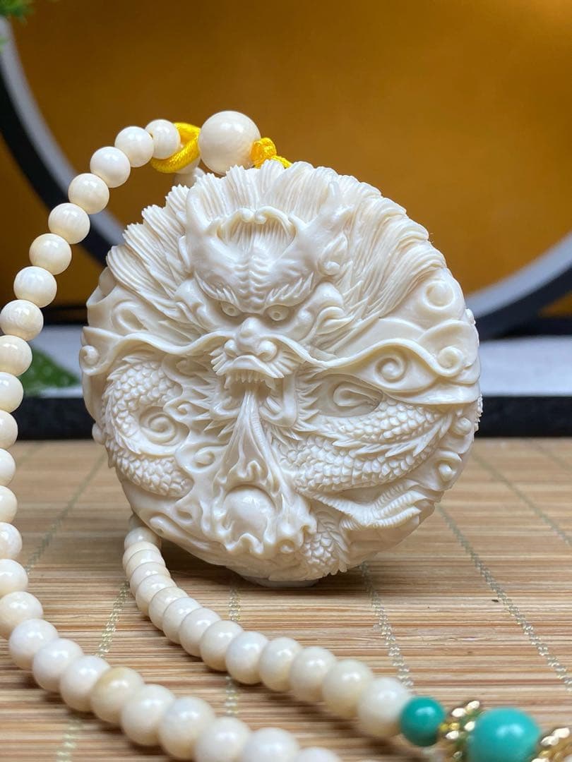天然マンモス牙美しい手作り彫刻 龍鳳呈祥 ネックレス