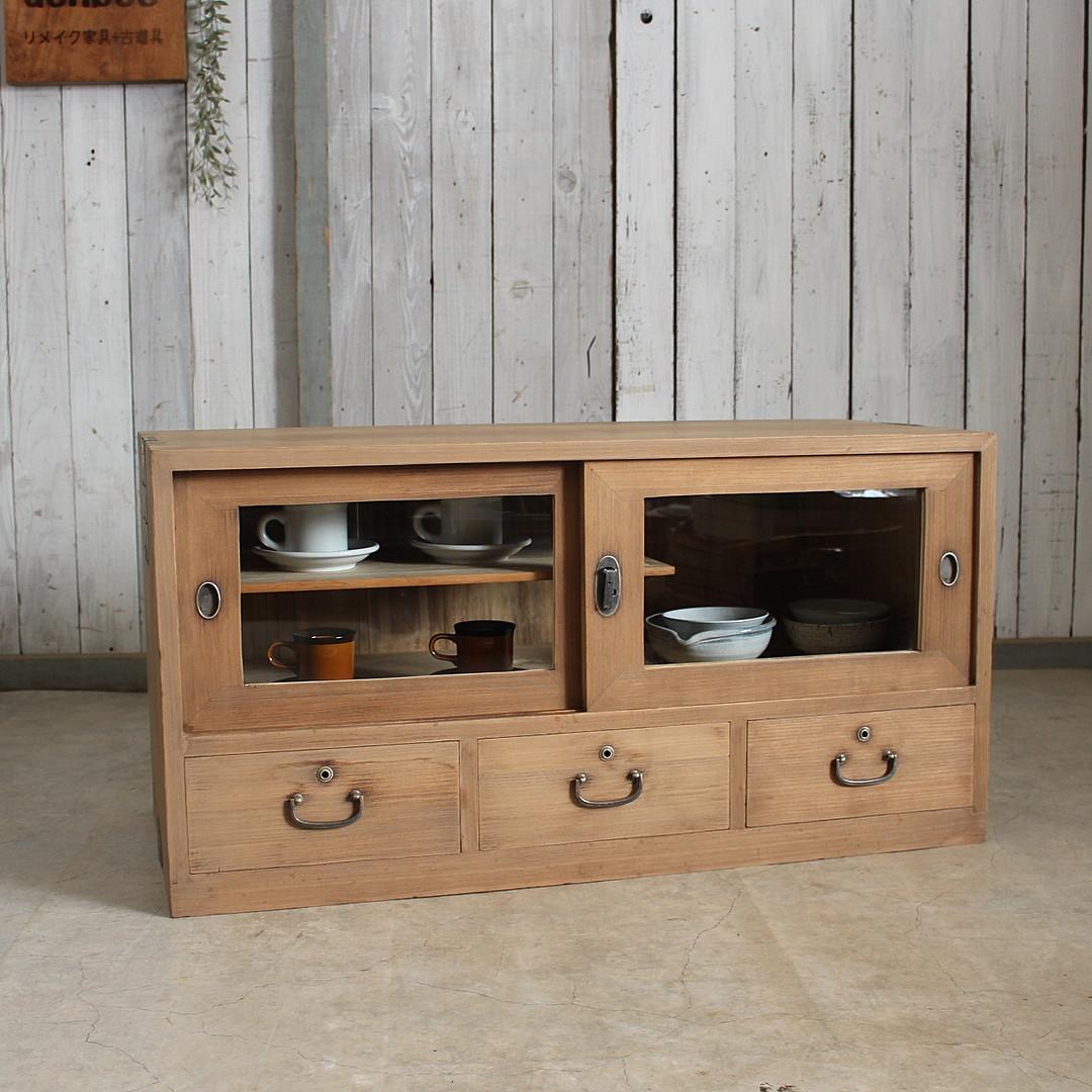 古いガラス戸棚×木製小引き出し3杯 ローチェスト ローボード 古家具