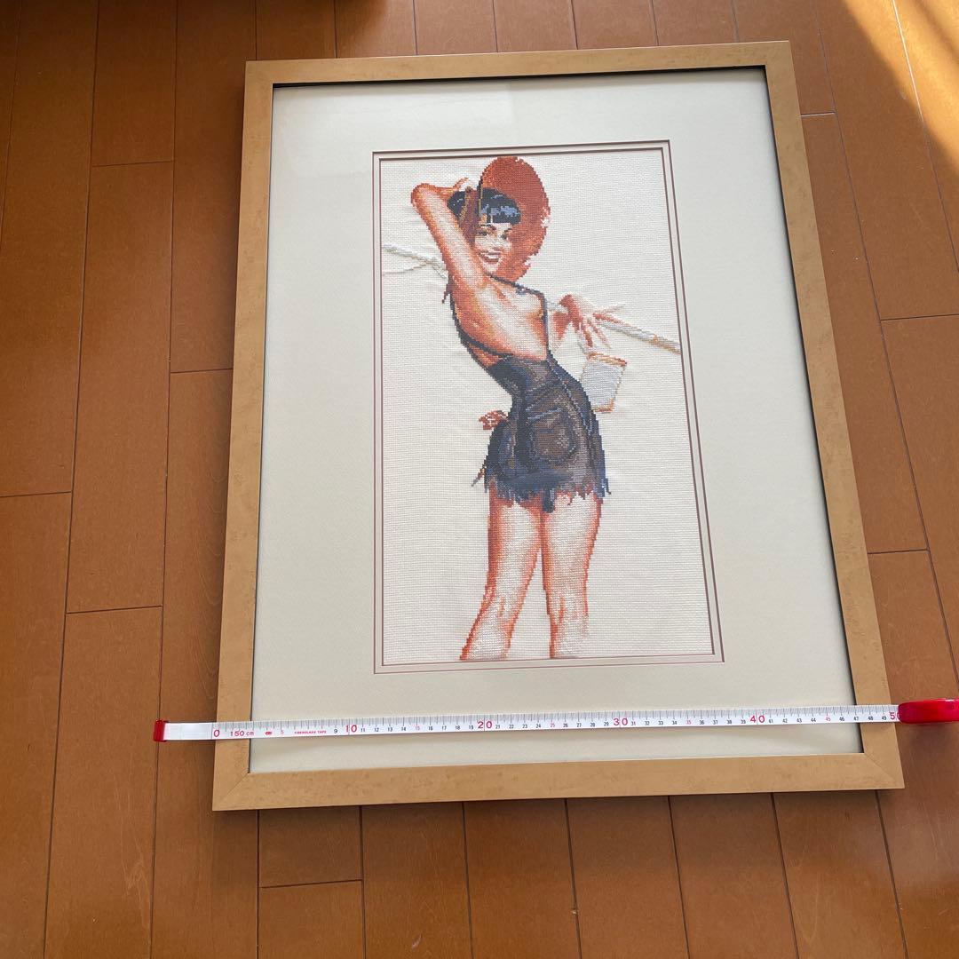手作り刺繍アート女性　　　　　安全な透明アクリルフレーム付き 約40x60cm