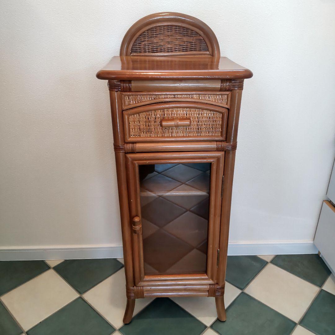 ラタン電話台】ガラス扉 籐 チェスト 昭和レトロ ヴィンテージ