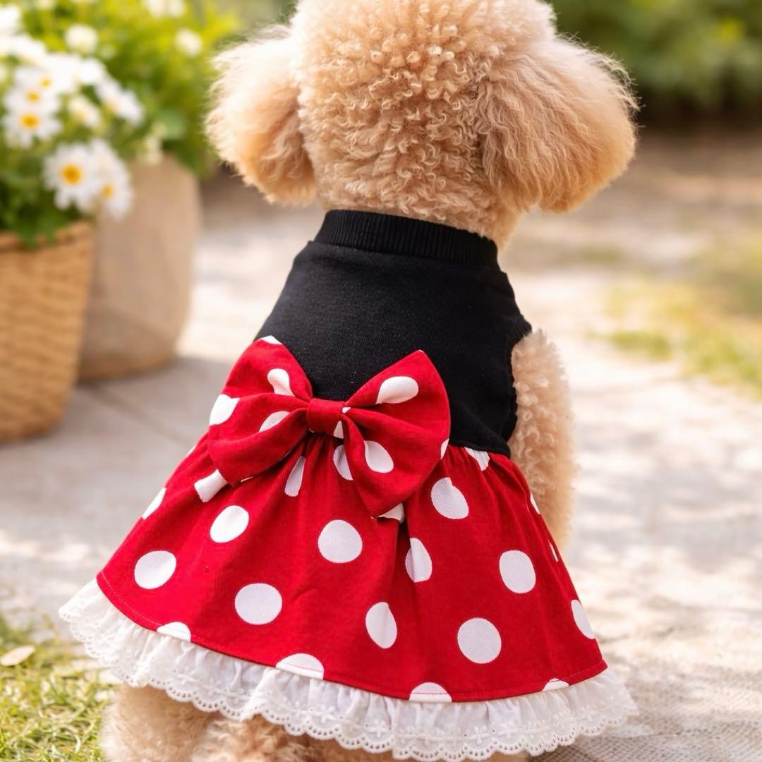 ハンドメイド犬服赤ドット×大きめリボンワンピース小型犬用フリル