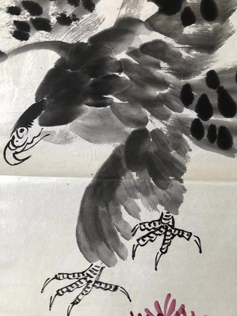 中国古美術・純手描き・四条屏・鹰画芯・国画・李苦禅印款・肉筆・宣紙・