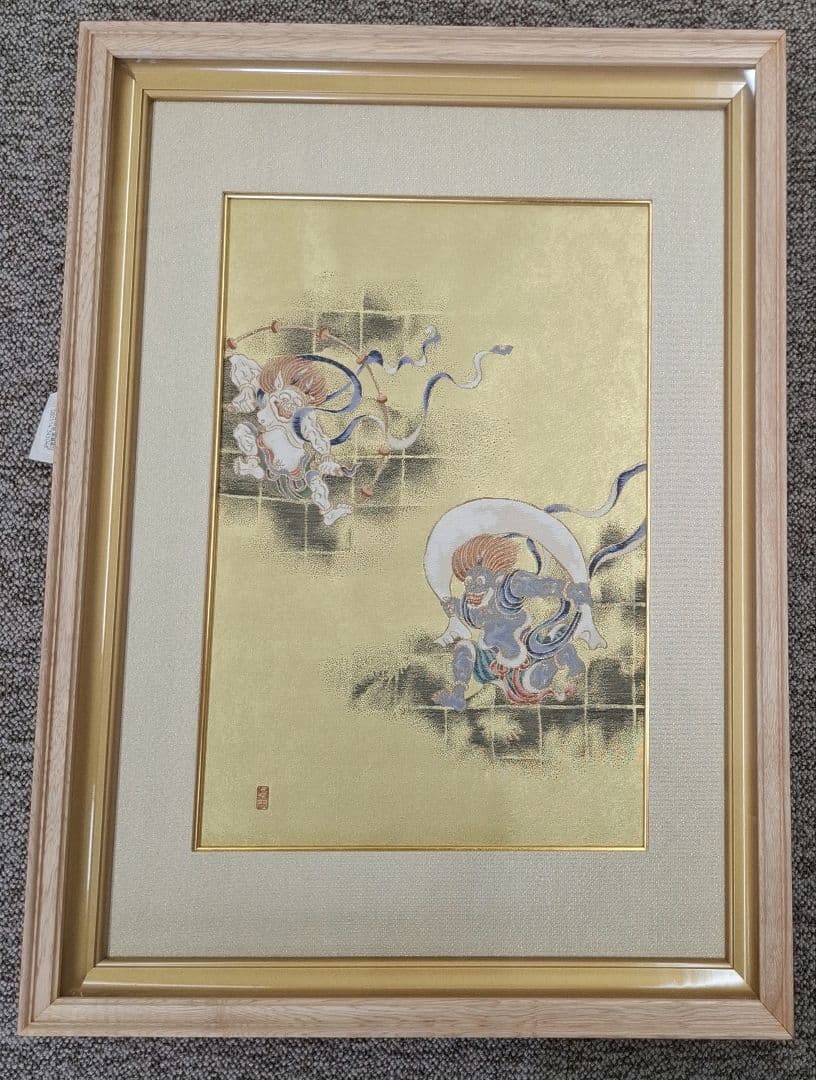 【織り額】風神雷神 織り金箔 木製フレーム付