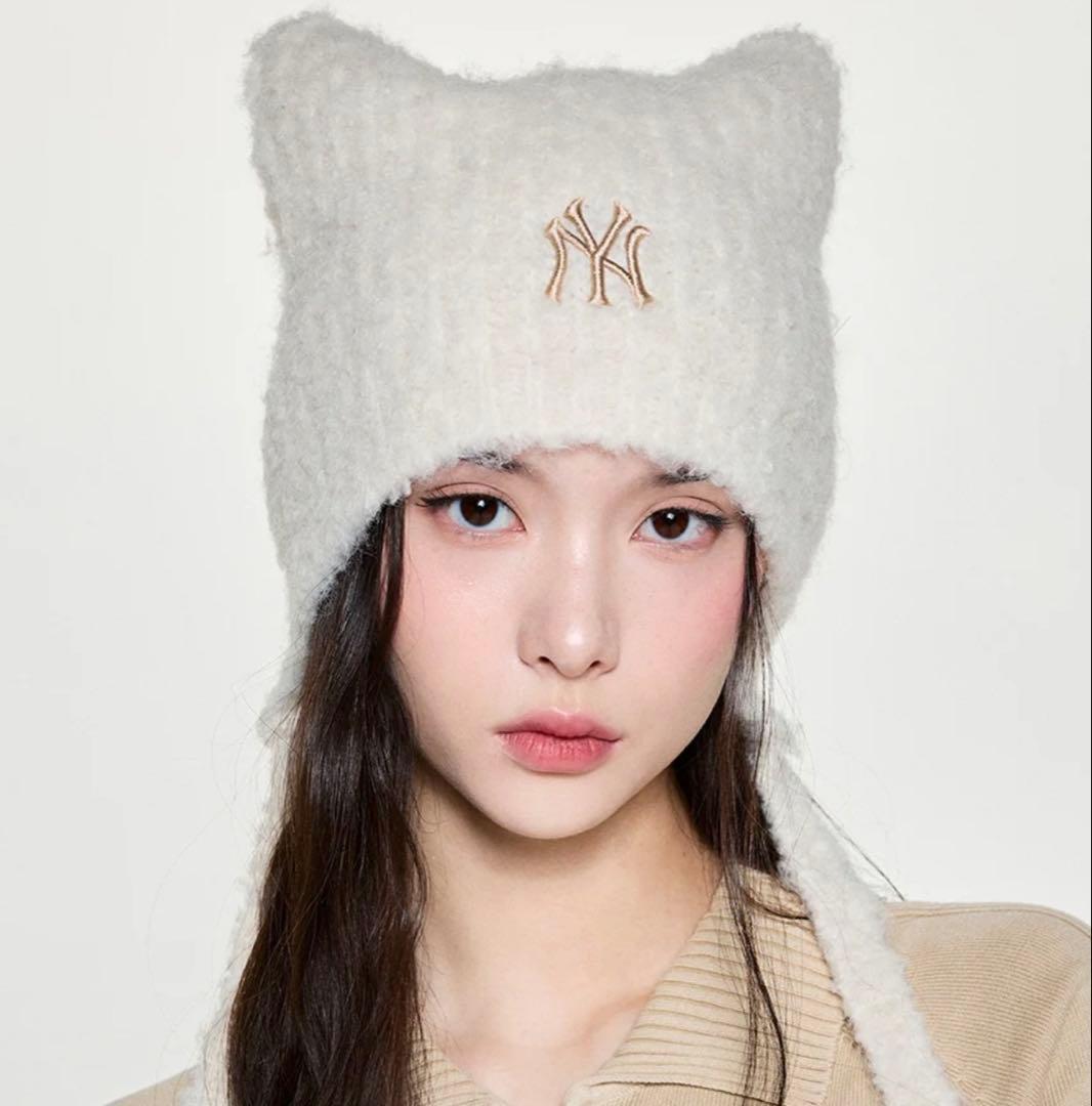 MLB ビーニー 紐付き クリーム 猫耳 ニット帽 韓国 karina - メルカリ