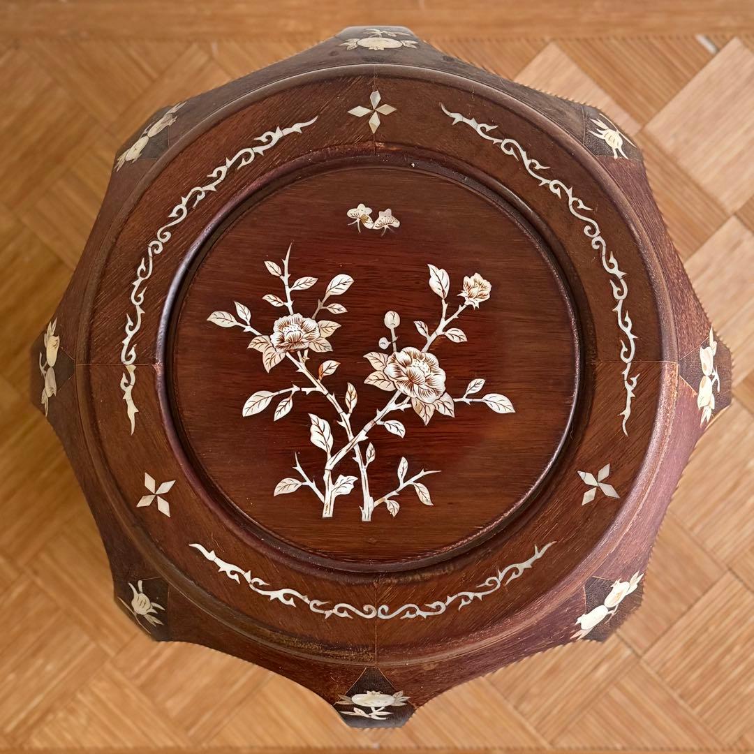 花梨 無垢 螺鈿細工 鯉 蓮 丸椅子 スツール 腰掛け 花台 SNT1339 花梨