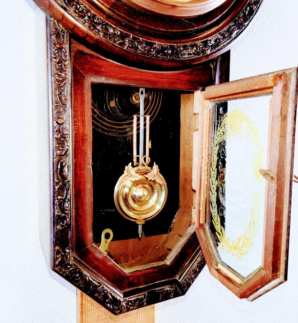 〈完動・美品〉地球印時計　装飾丸尾長ゼンマイ振り子時計 ボンボン時計　古時計