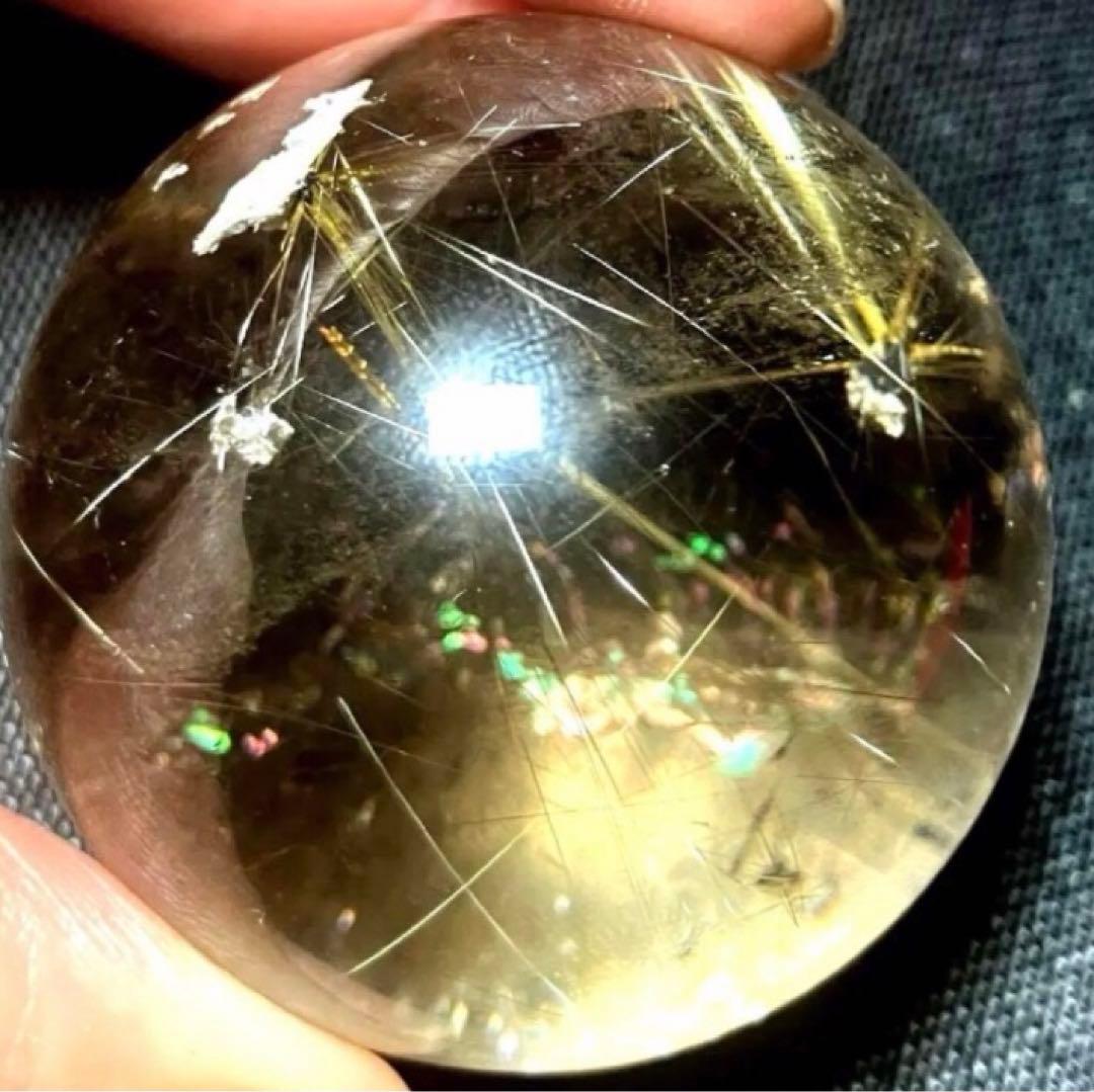 42mm 虹入りゴールドルチルクォーツ 丸玉 スフィア 金針水晶 超大玉