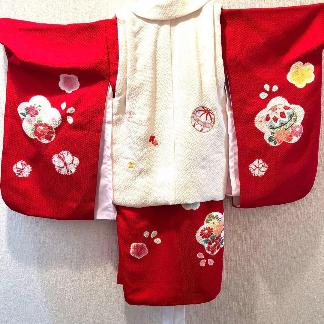 想美一　正絹　真紅　美品　絞り手描き七五三着物セット　3歳　白被布　日本製