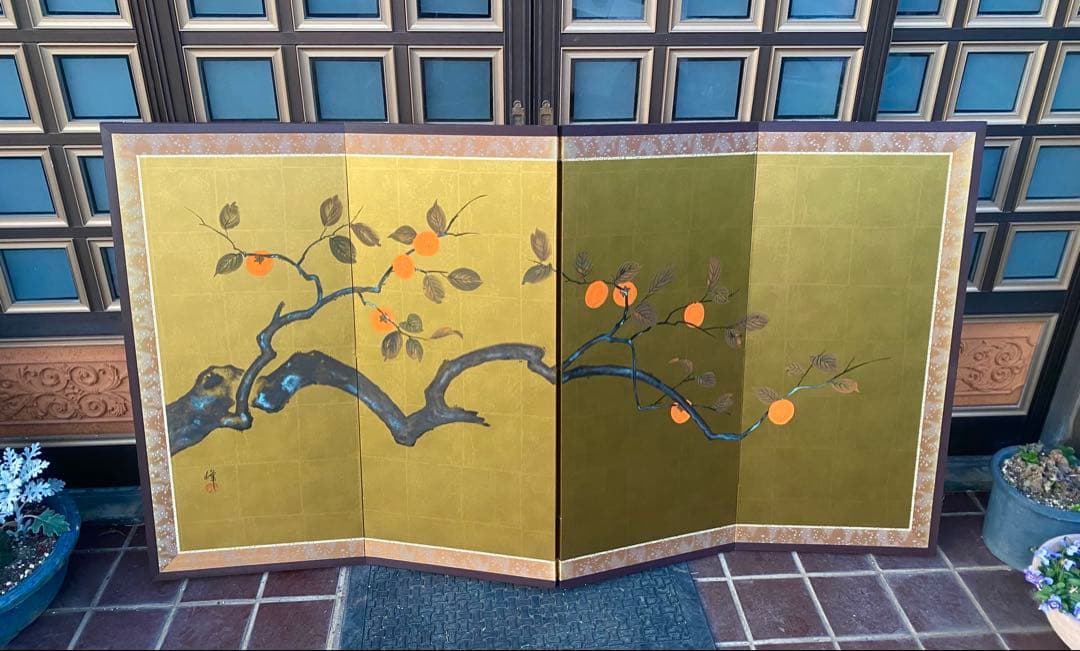 日本画 橙色の果実の屏風 160cm