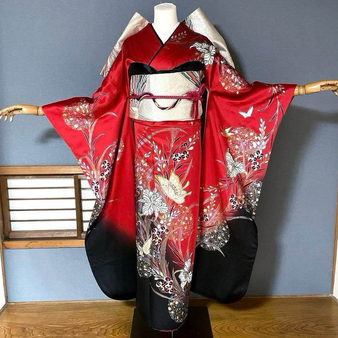振袖フルセット 高身長 手描き友禅 成人式振袖 振袖 裄丈68 赤黒