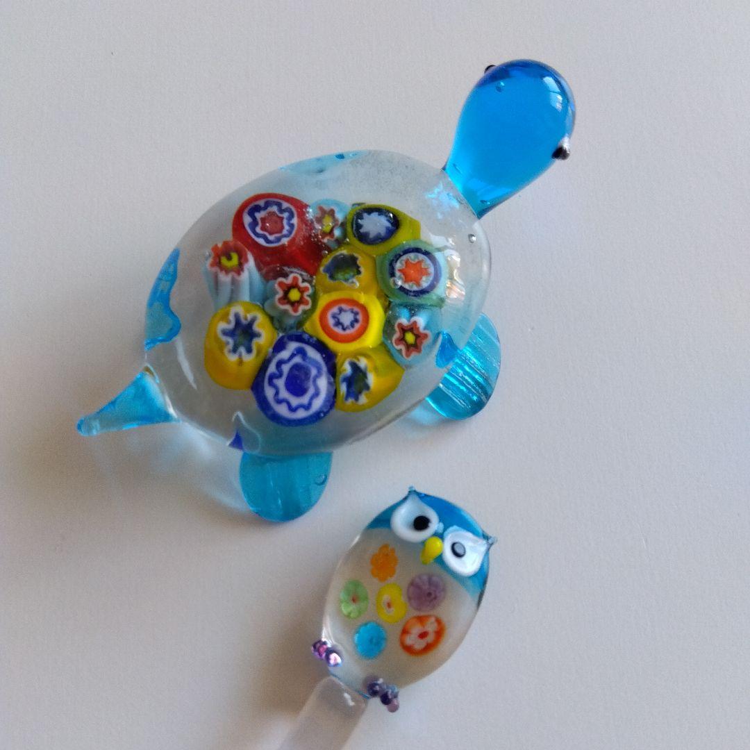新品】ベネチアングラス ガラス ミレフィオリ かめ カメ フクロウ