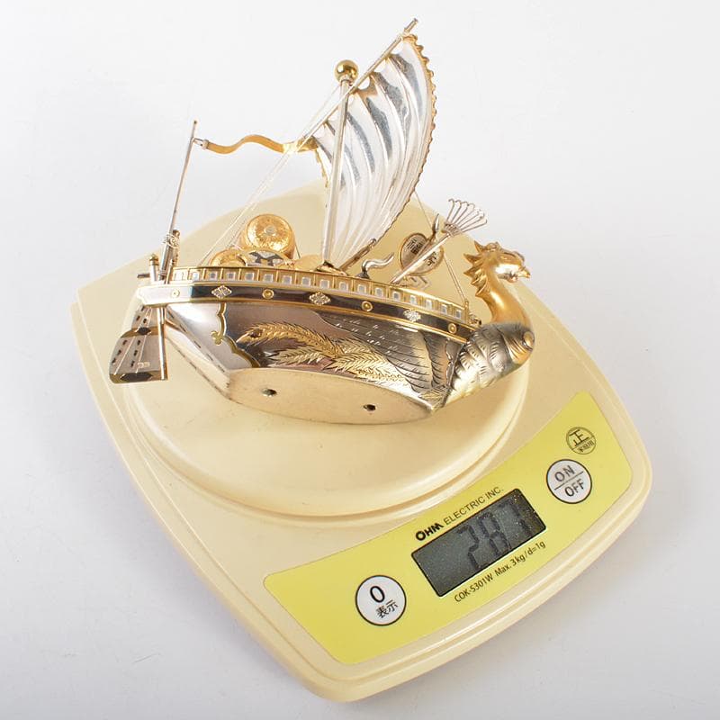 大阪尚美堂製 銀製 宝船 約287g 置物 ガラスケース付 F R6756B