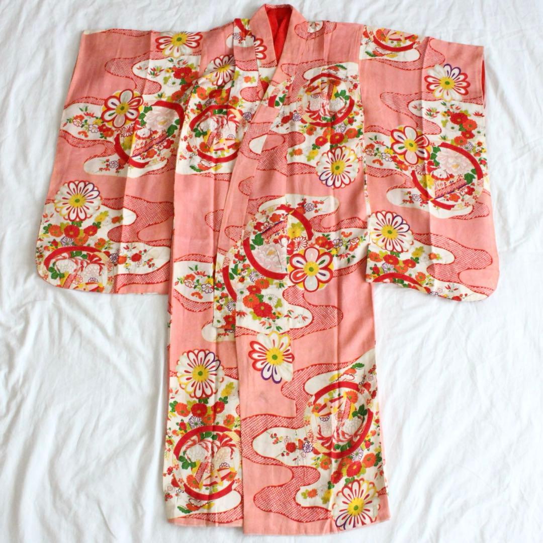 七五三 7歳 女の子 子供 アンティーク 着物 帯 ビーズバッグ セット