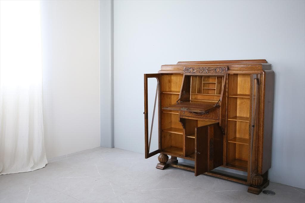 英国アンティークガラスキャビネット付きビューロー/机デスク/飾り棚