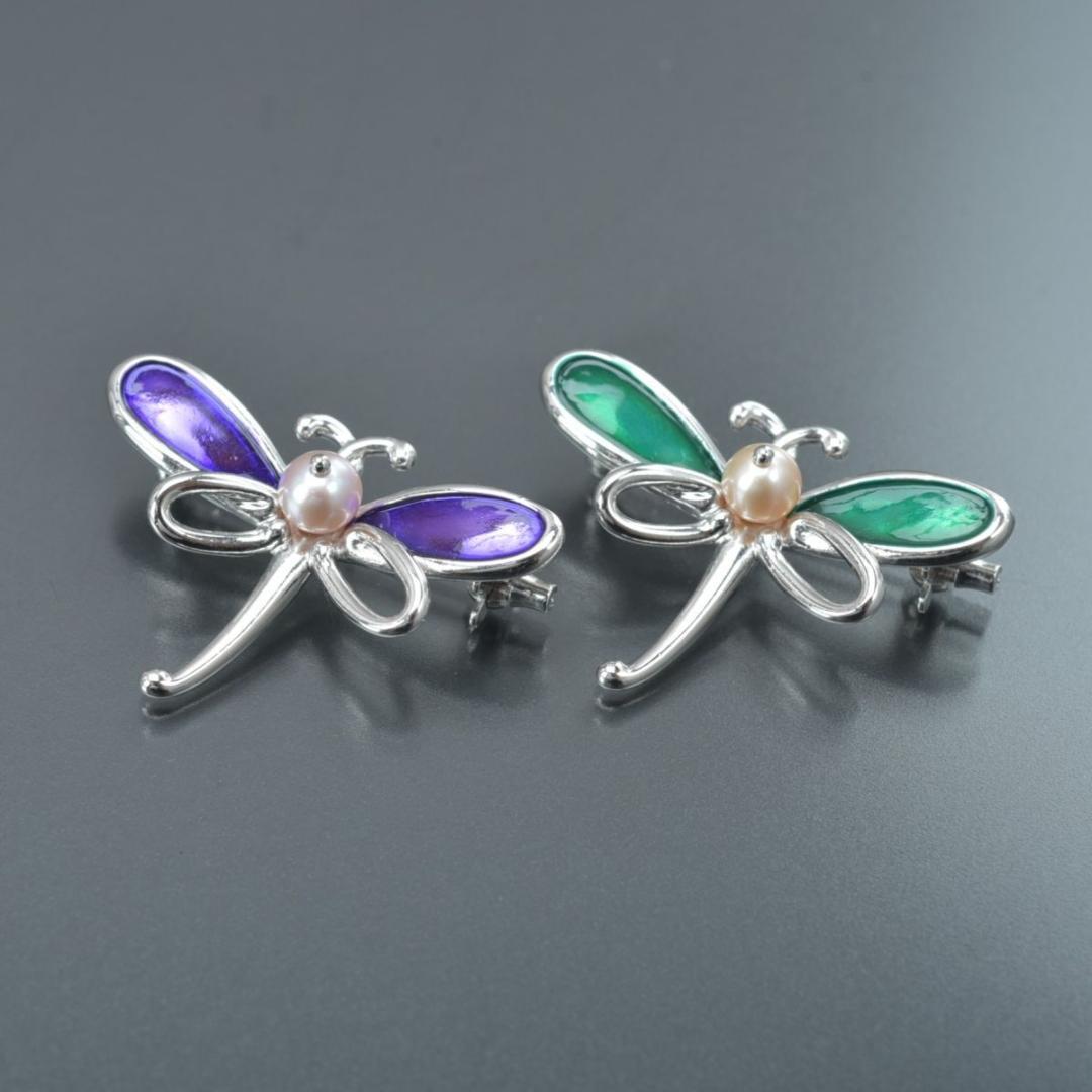 美品 TASAKI ブローチ トンボ 2個セット パール幅5.0mm SV 緑紫 TASAKI