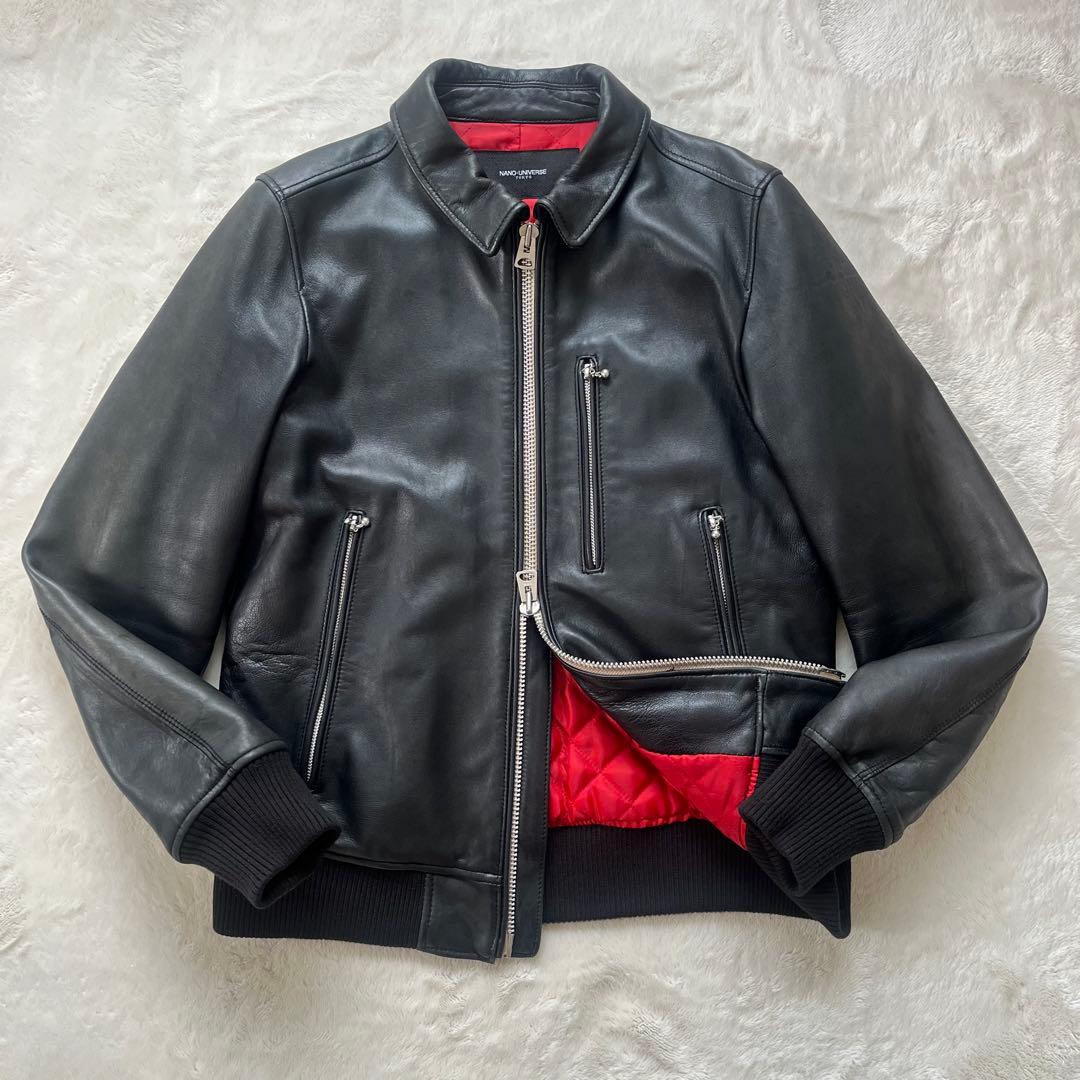 鮮烈レッド裏地✨ナノユニバース 羊革ラムレザージャケット L