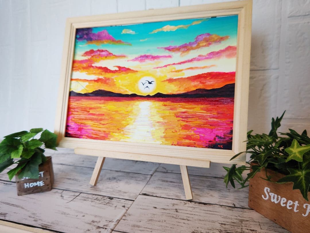 油絵 絵画 【夕日のカモメ】