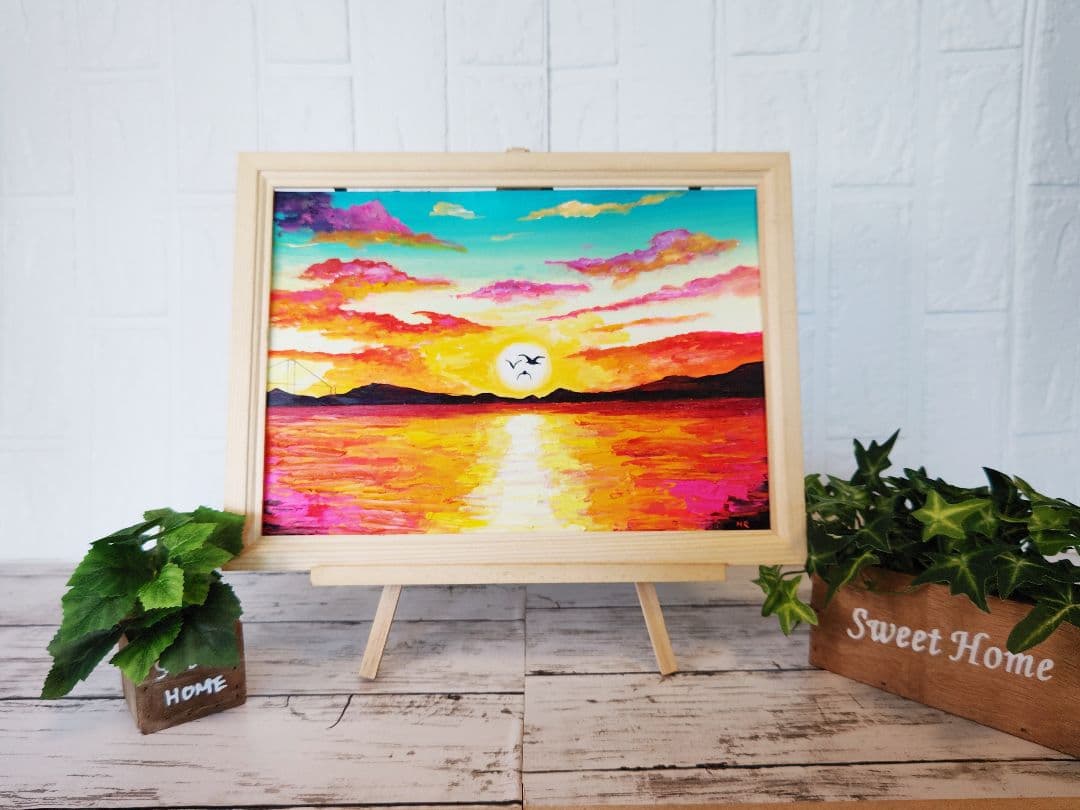 油絵 絵画 【夕日のカモメ】