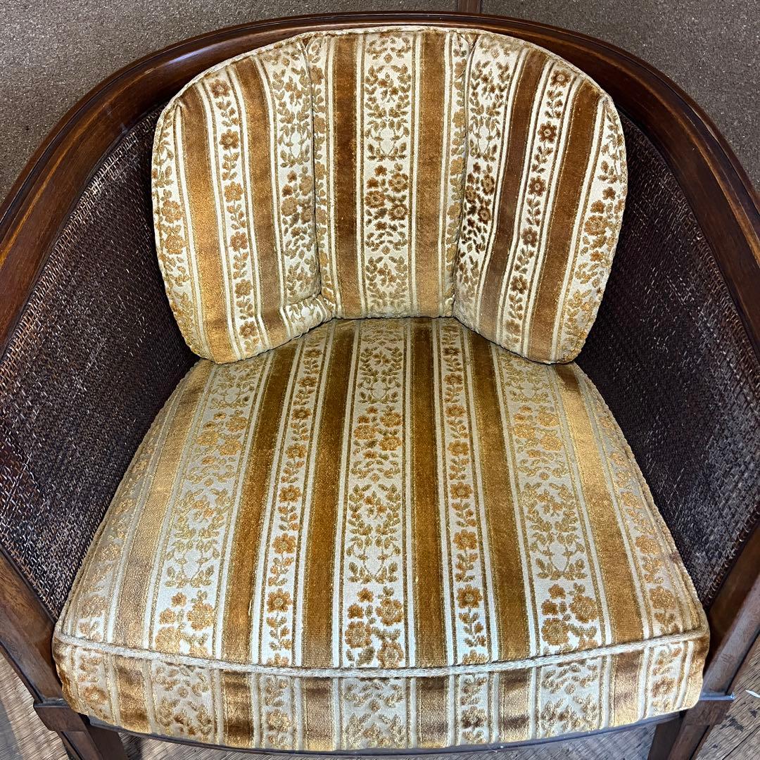 昭和レトロ 籐張り ラウンジチェア 1人掛け ゴールド系 イエロー系 ラタン