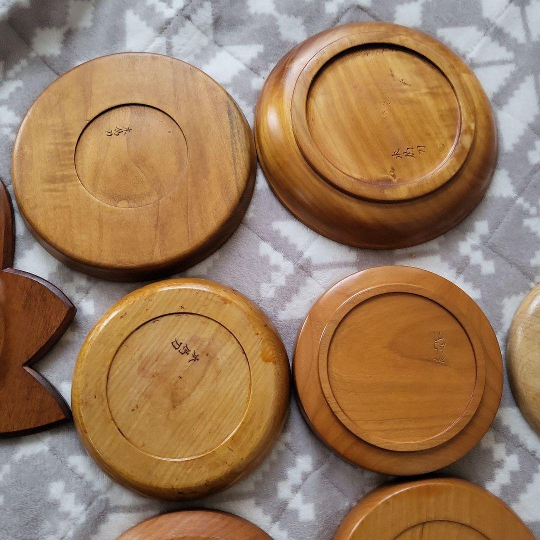 木製 彫刻盆 9枚セット お盆 宮島彫 お菓子 柿 駒 牡丹 レトロ 紅葉