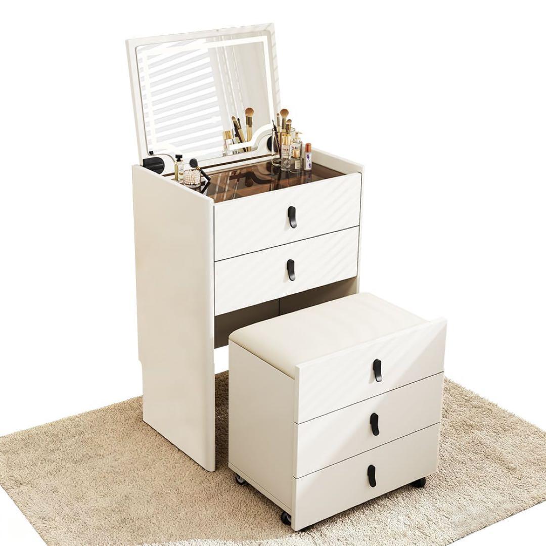 セール】新品ドレッサー おしゃれ LEDミラー付き・ブラウン強化ガラス天板