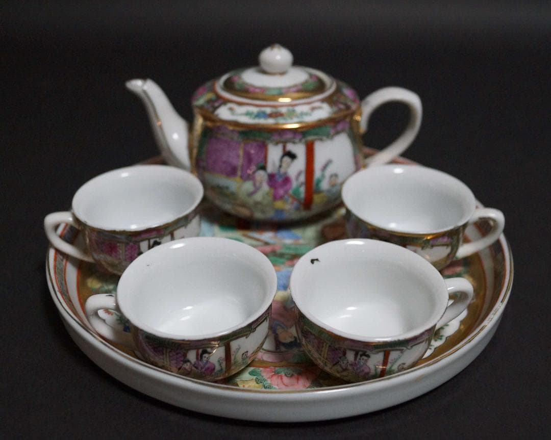 中国 広彩 粉彩色絵『窓絵美人鳥花図』 茶器セット(急須/湯呑み